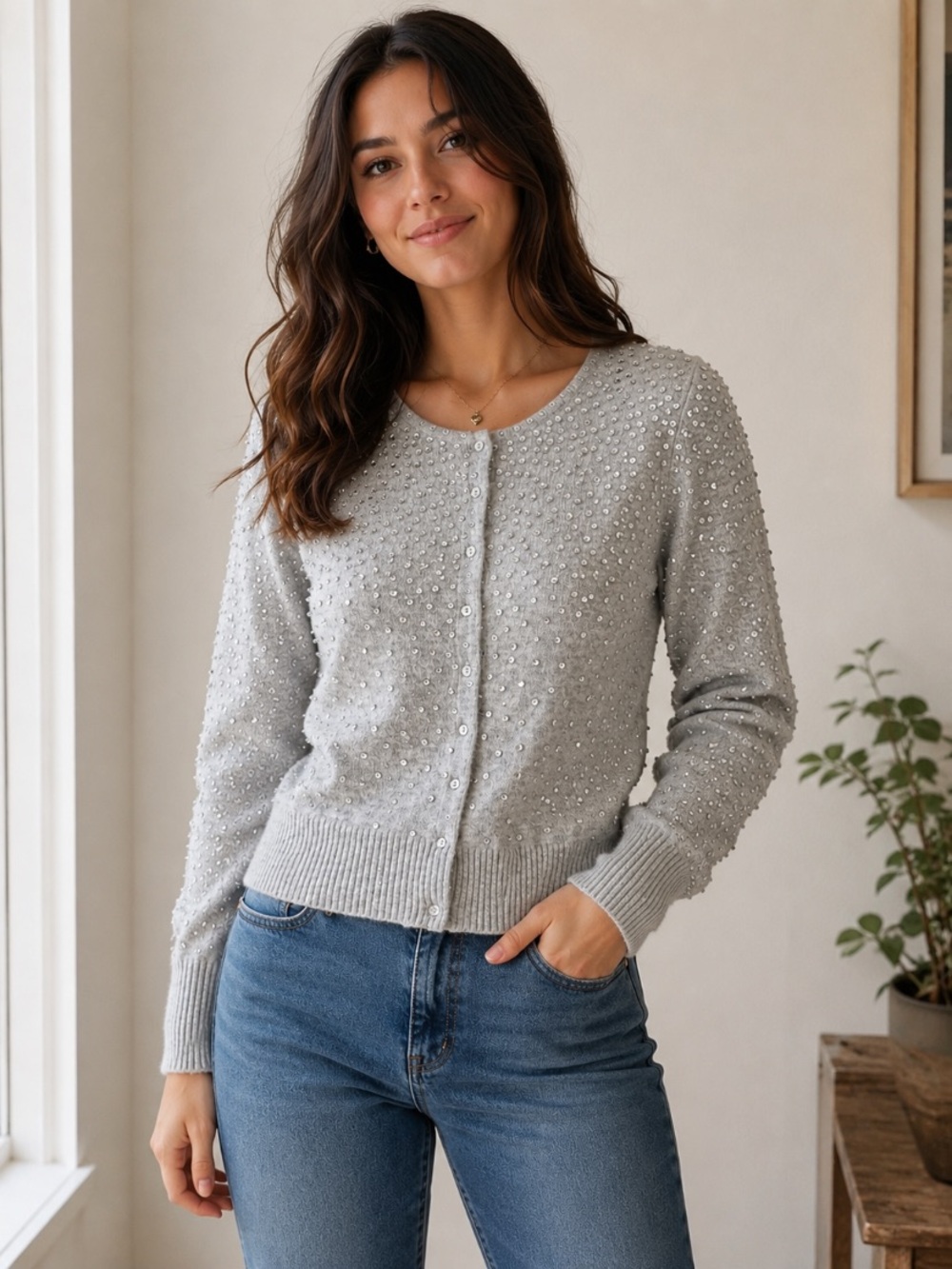 Eight Sixty Cashmere Lambswool Sequin Cardigan Sweater. Gray Med.